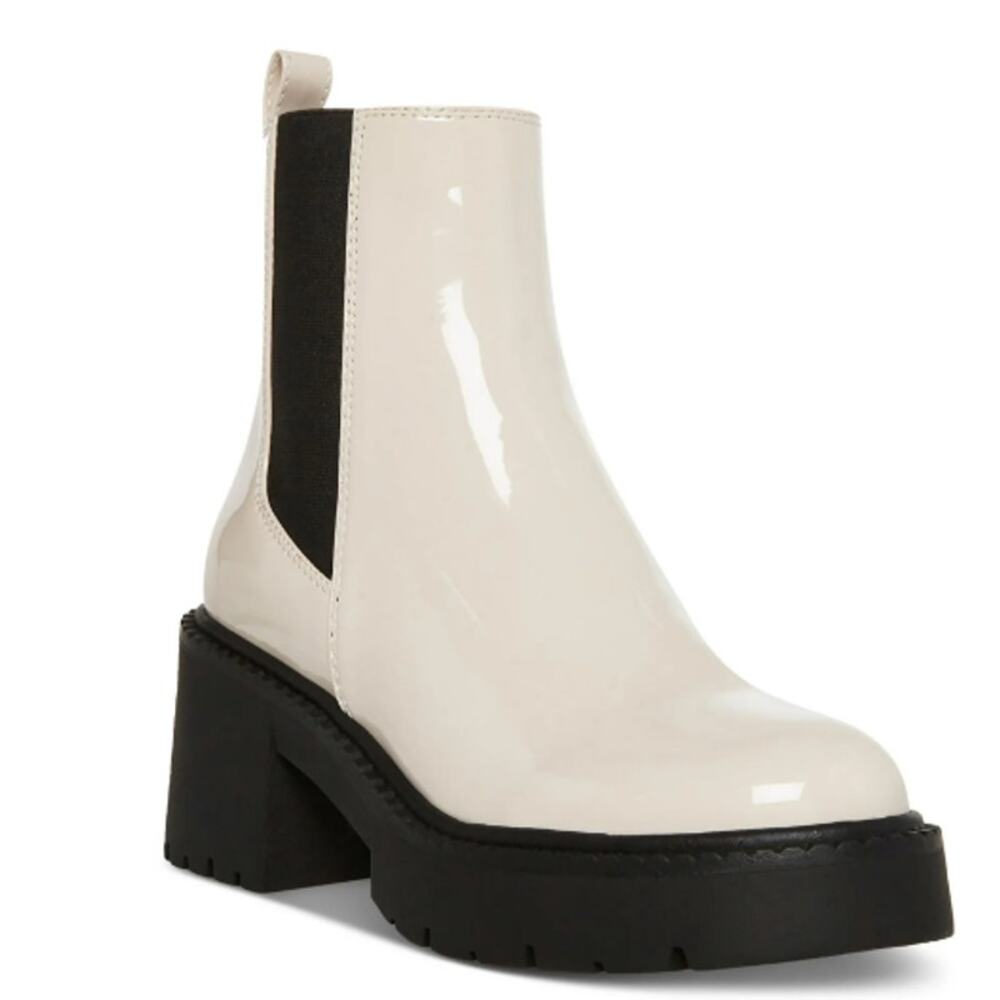 MADDEN GIRL TRUST LUG-SOLE CHELSEA BOOTIES BONE OFF WHITE PATENT WOMENS 9.5M NEW